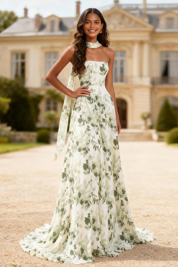 Strapless Green Print Flower A-Line Prom Dress